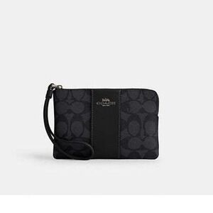 Coach Corner Zip Wristlet In Signature Canvas Stripe Charcoal Black OS New W Tag